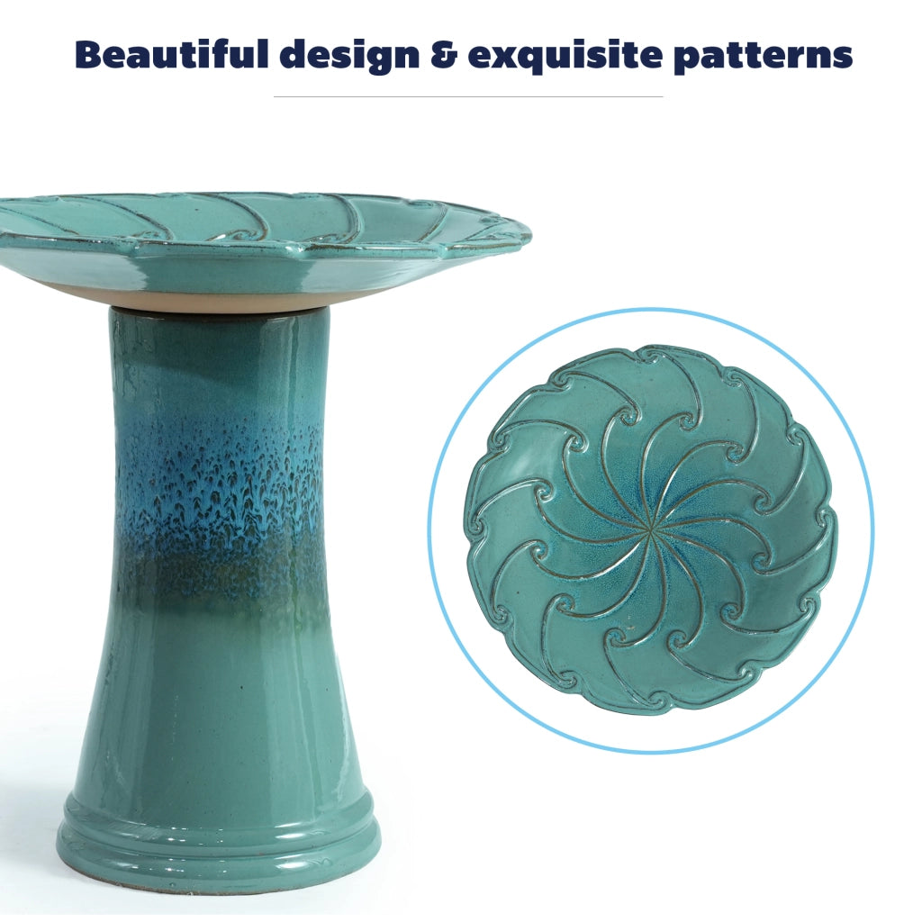 BAGNO per uccelli in ceramica Ø43x45 cm blu teal con piedistallo