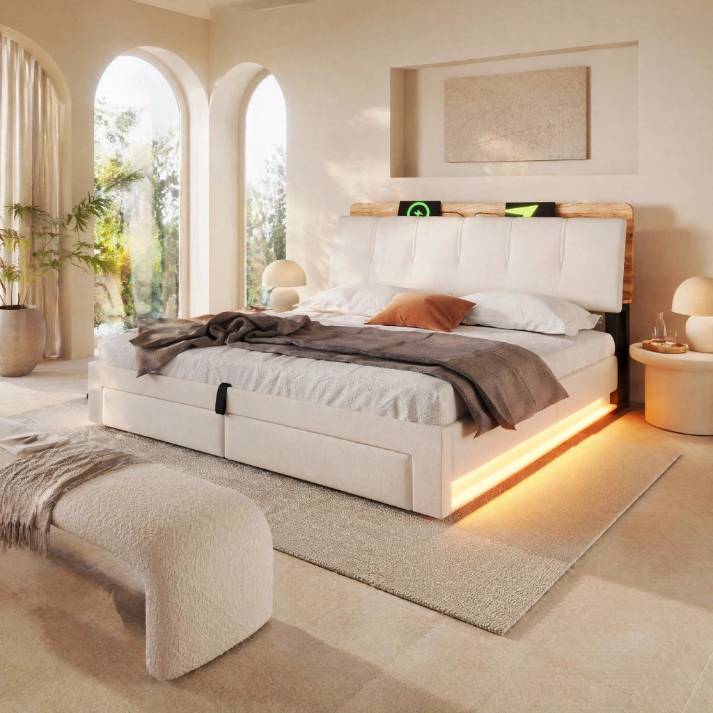DESMIU Letto contenitore 180 × 200 cm 2 posti con USB, Type-C, LED, senza materasso, in lino, beige