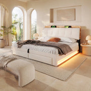 DESMIU Letto contenitore 180 × 200 cm 2 posti con USB, Type-C, LED, senza materasso, in lino, beige