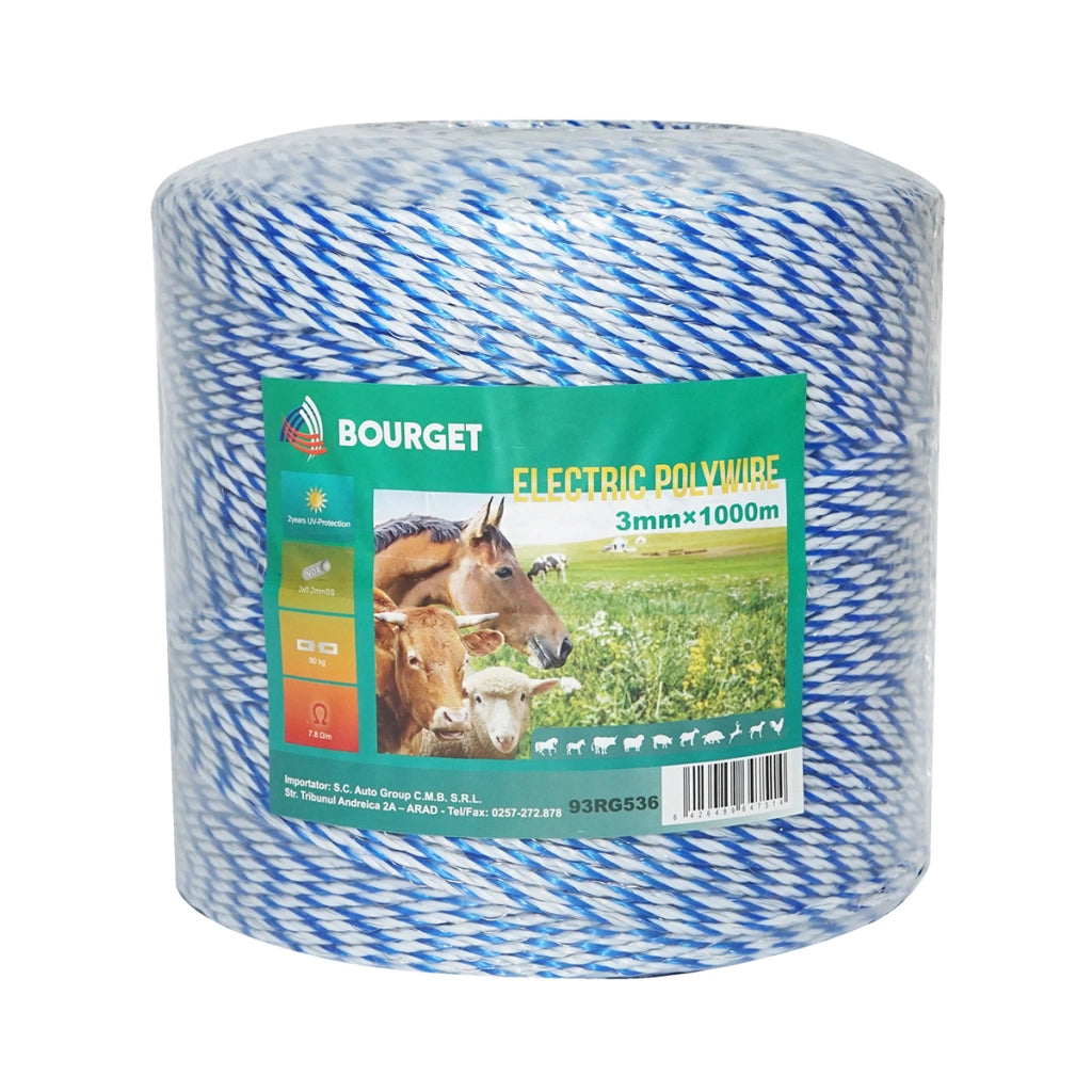 Filo bianco-blu, diametro 3 mm, 3x0.2 mm SS, 1000 m per recinzione elettrica, resistenza 7.8 Ohm, Bourget