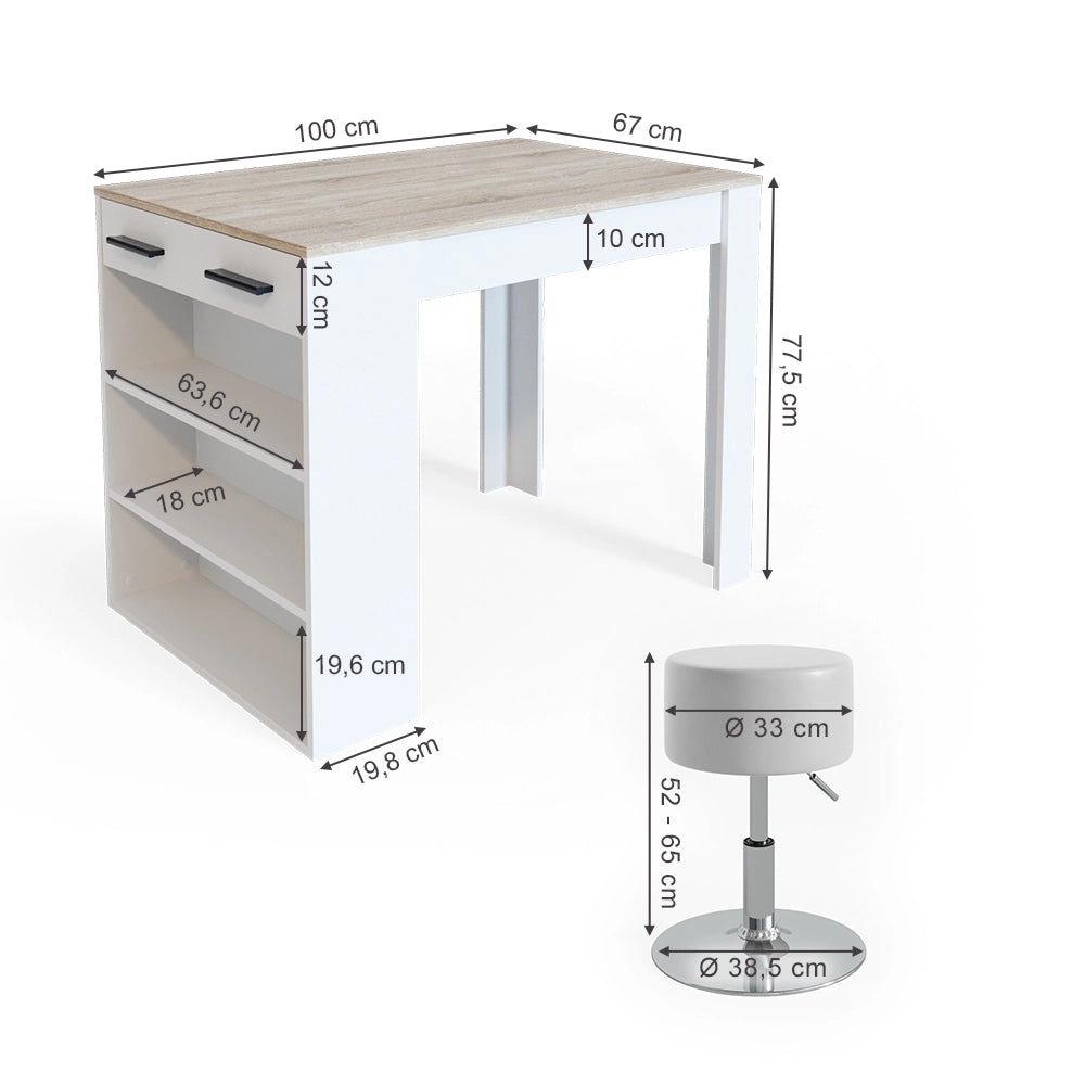 Vicco Set tavolo da pranzo Sonoma/Bianco 67 x 100 cm con 2 sgabelli