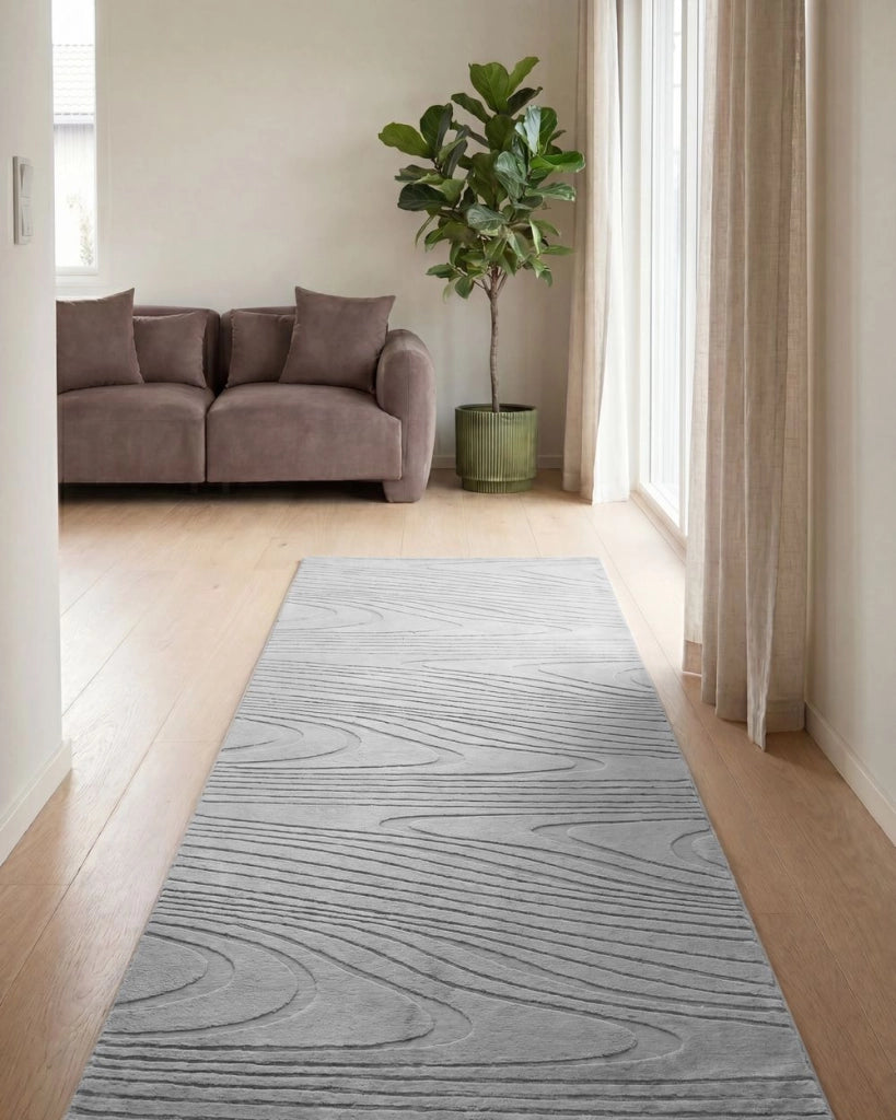 Tappeto da corridoio in pelliccia sintetica di coniglio grigio chiaro in poliestere, 80 x 300 cm, morbido, a pelo lungo, motivo geometrico