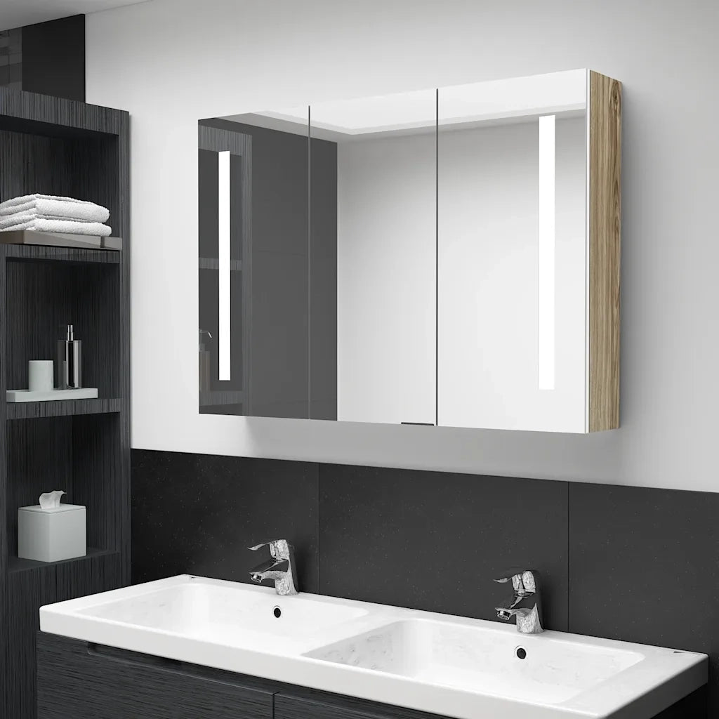 Armadietto Bagno con Specchio e LED-Mobile bagno con specchio 89x14x62 cm Bianco e Rovere