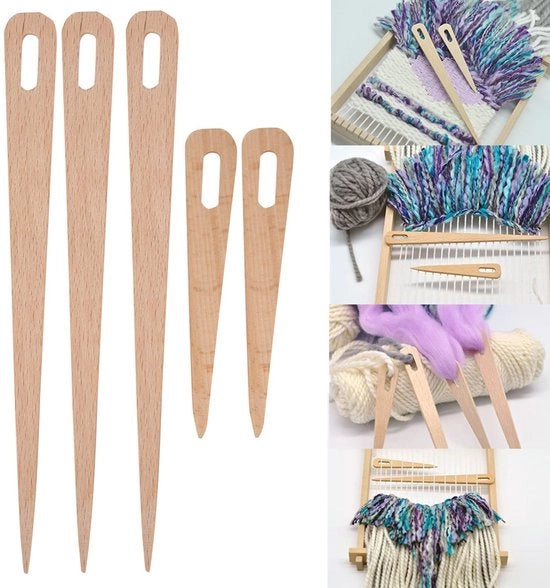 Set di Breinaaldi in Legno da 5 Unità - Breinaaldi con Occhi Grandi - Per Weaving/Breien - Progettazione Pratica - in Quercia - Lunghezza 20 cm/11 cm - Breinaaldi per Tessitura