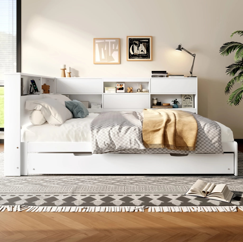 Daybed con letto estraibile 140x200 cm; testiera con vano contenitore e USB/Type-C; bianco
