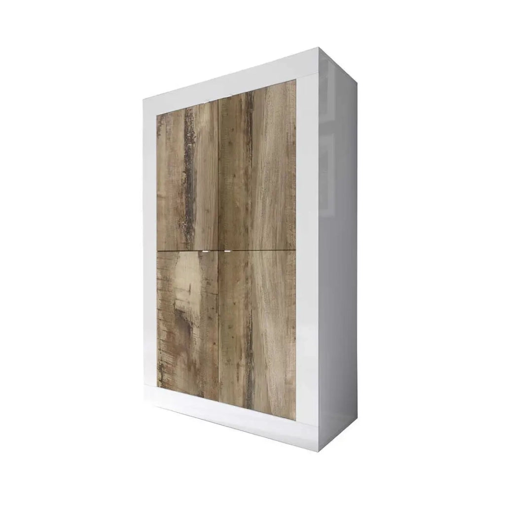 Buffet alto 4 porte, collezione ISORA, colori bianco lucido laccato e rovere chiaro