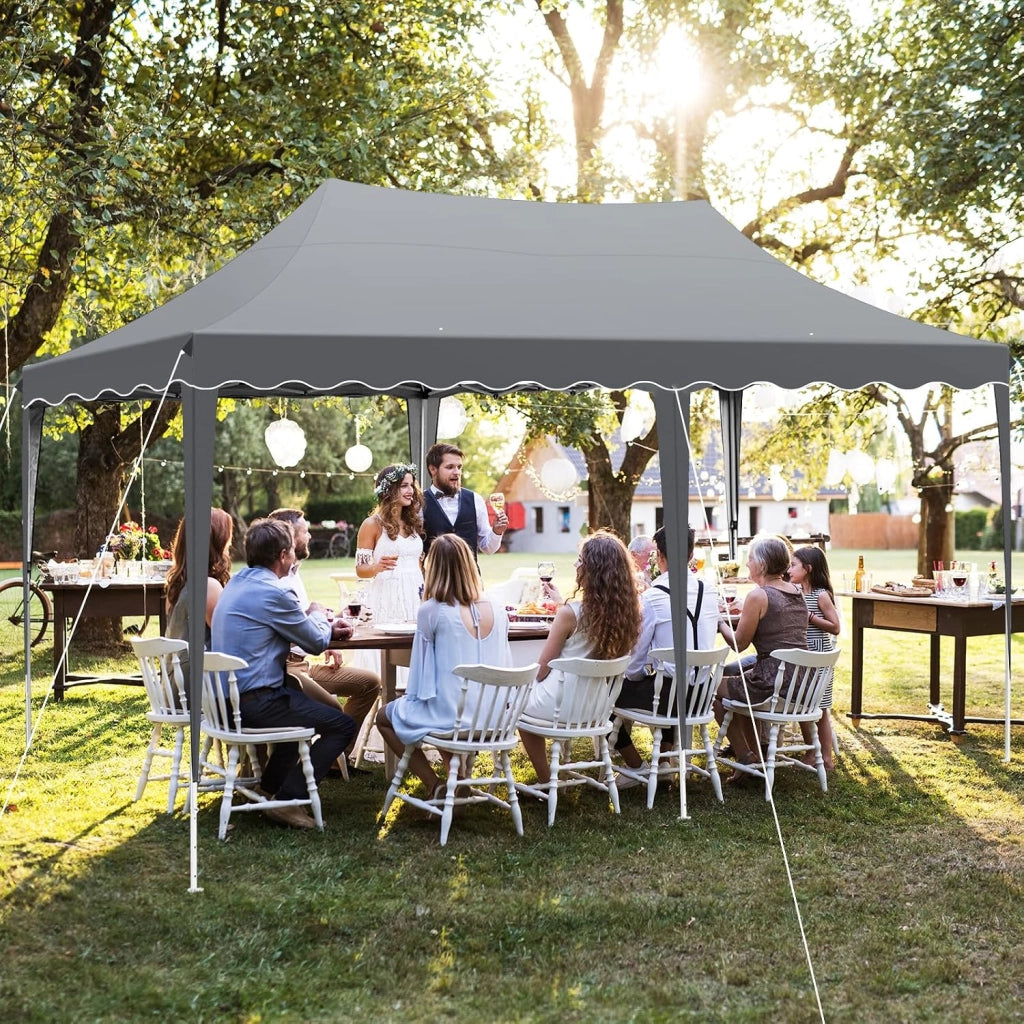 Gazebo 3x6 Pieghevole Impermeabile, altezza 290–300–310 cm, Protezione UV 50+, Tenda con 4 Pareti Laterali, 12 Ganci, 6 Corde e 6 Sacchi di Sabbia, Gazebo da Giardino per Campeggio, Matrimoni, Grigio