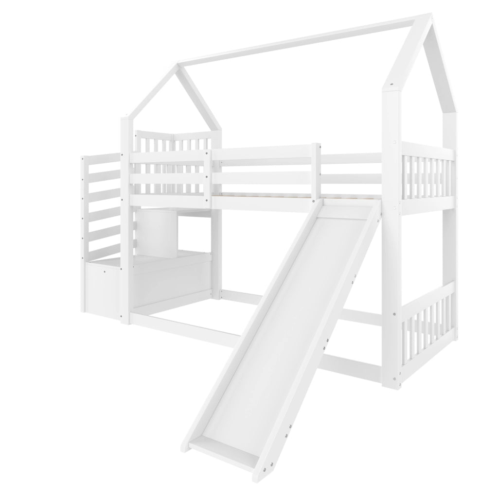 Letto a castello con scivolo e scala contenitore, casa letto per bambini
