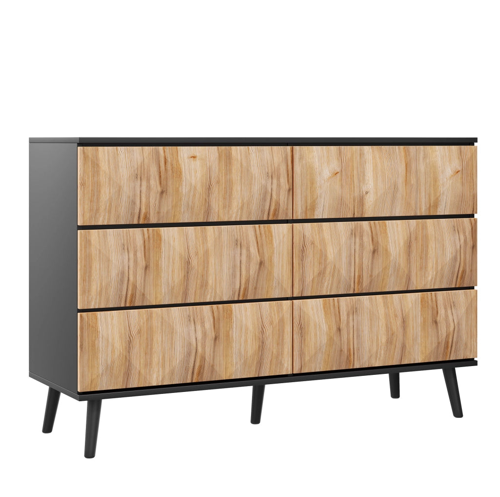 Sideboard moderno 120x40x85 cm con 6 cassetti; finitura naturale e nero; in MDF e truciolare