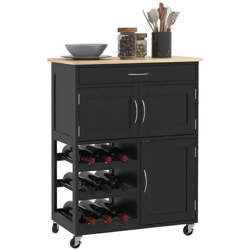 CARRELLO DA CUCINA IN LEGNO CON PORTABOTTIGLIE 3 ANTE E CASSETTO 67X37X87 CM NERO E ROVERE