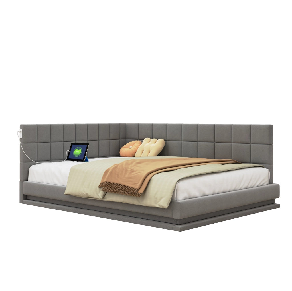 Divano letto matrimoniale 160x200 cm in lino grigio con LED; USB e rete a doghe