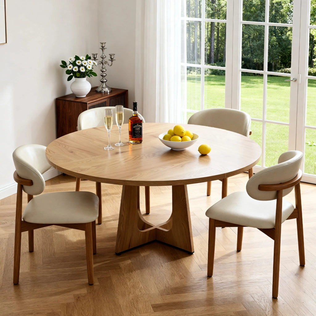 Set tavolo da pranzo rotondo ?120 cm con 4 sedie; MDF effetto rovere e legno di quercia