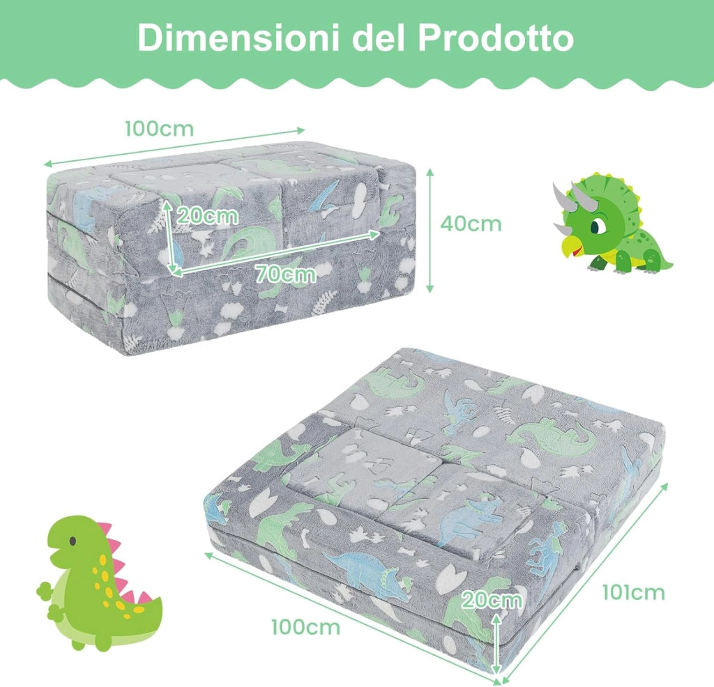 Divano Pieghevole 3 in 1 per Bambini Brilla al Buio, Poltrona Bambini con Rivestimento in Flanella Rimovibile e Lavabile, Pouf per Cameretta (Dinosauro Grigio)