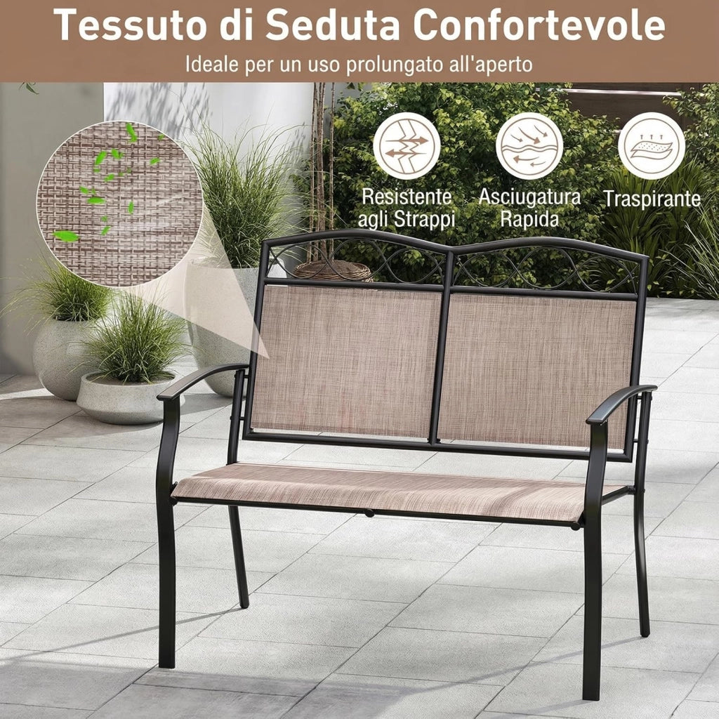 Panca da Esterno per 2 Persone, Divano in Metallo Robusto con Tessuto Traspirante, Tessuto in Textilene, con Braccioli Curvi per Giardino, Veranda, Piscina, Portata Massima 300 kg