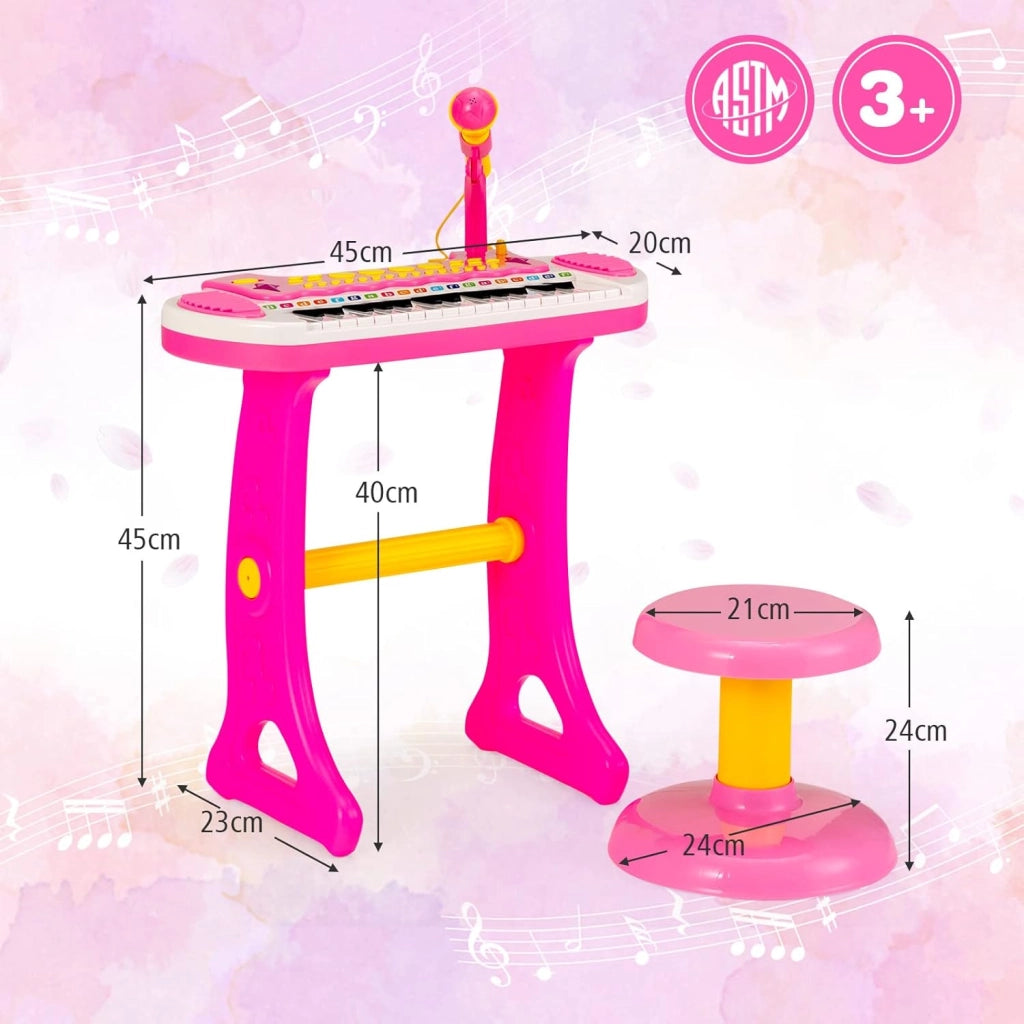 Pianola Bambini Musicale Tastiera, Tastiera Digitale a 31 Tasti, Mini Tastiera per Bambini con Effetti Luminosi e Microfono, Strumenti Musicali con Sgabello, 22 Battiti/8 Toni/7 Ritmi (Rosa)