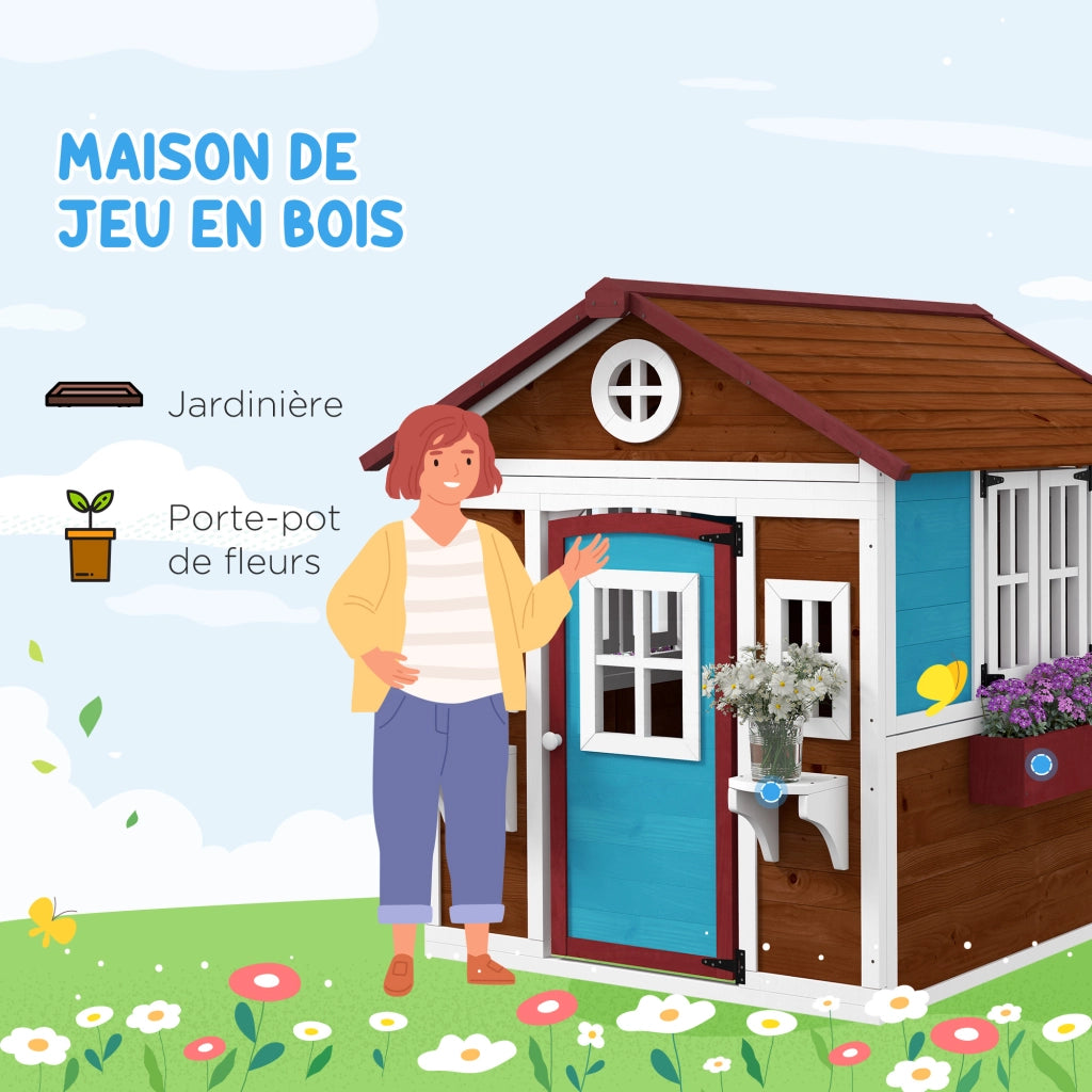 Casetta da giardino per bambini ¨C Xylo ¨C Legno marrone con porte finestre 114x126x135 cm