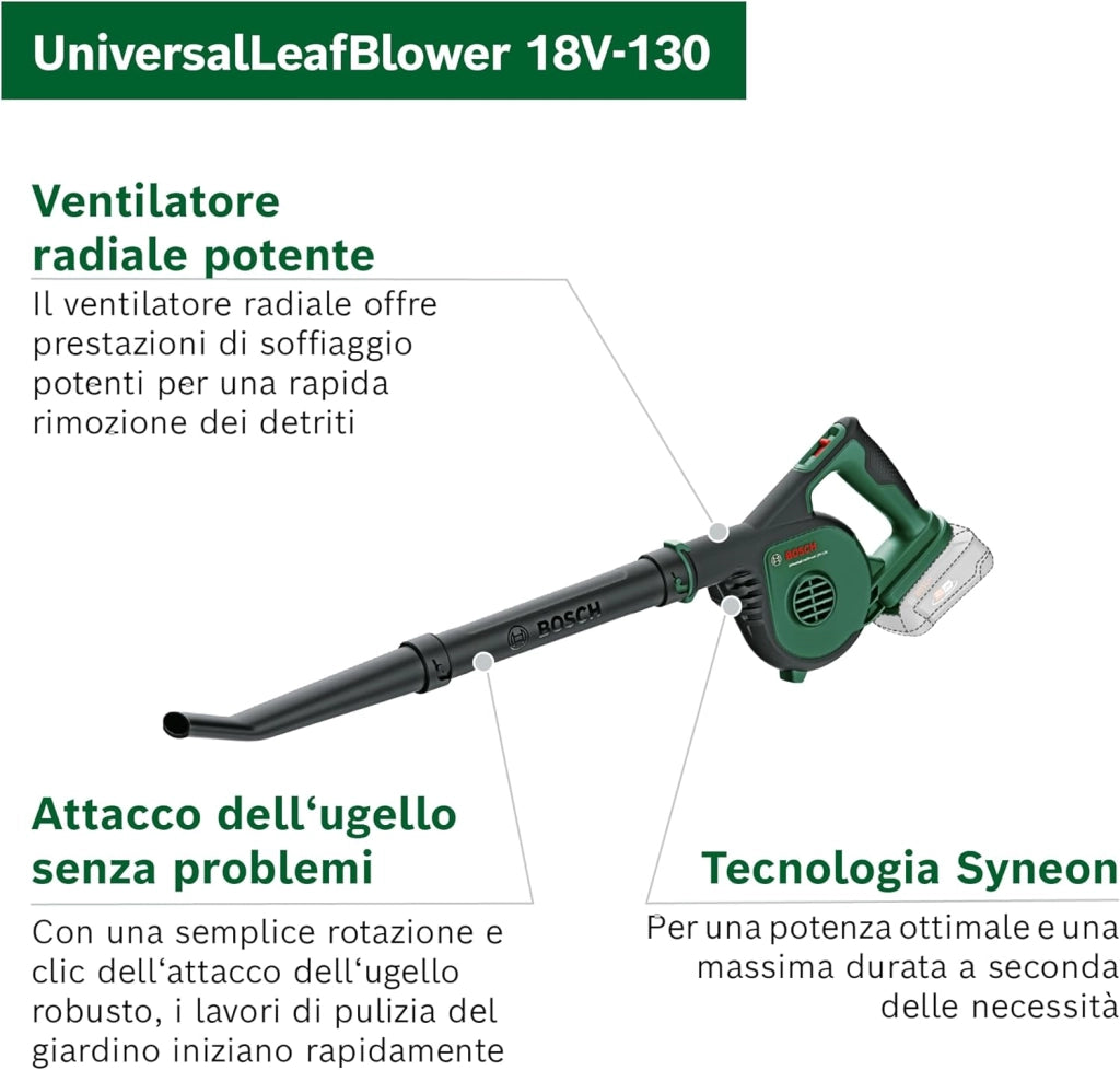 Bosch Soffiatore da giardino a batteria UniversalLeafBlower 18V-130 (per pulizie rapide e agevoli all'esterno; 18 Volt System; senza batteria)