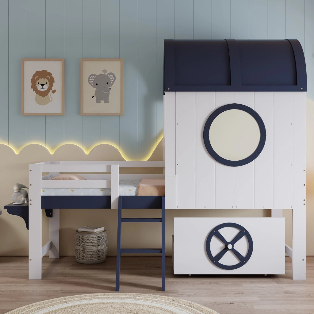 Letto a Soppalco 90x200 cm - con Cassetto; Scaletta Inclinata e Mensola - in Legno - Bianco e Blu Scuro