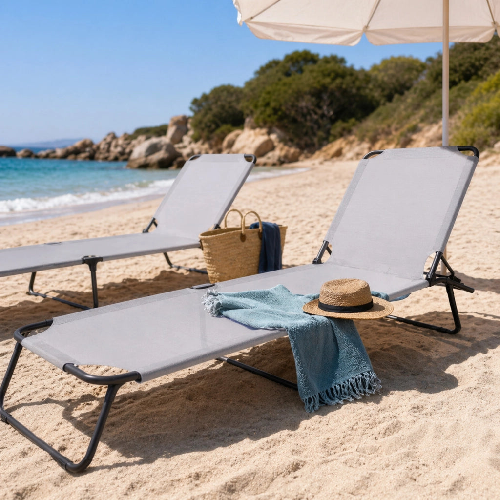 Set 2 Lettini Mare Pieghevoli Senza Tettuccio Sdraio Con Schienale Regolabile Telaio Acciaio Telo Traspirante 24 x 187 x 53 Cm Grigio Scuro