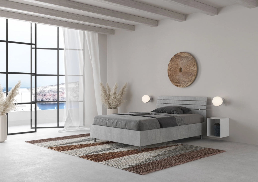 Letto 1 Piazza e Mezzo 120x190 cm con Rete Ankel Testata Doghe Inclinata Cemento