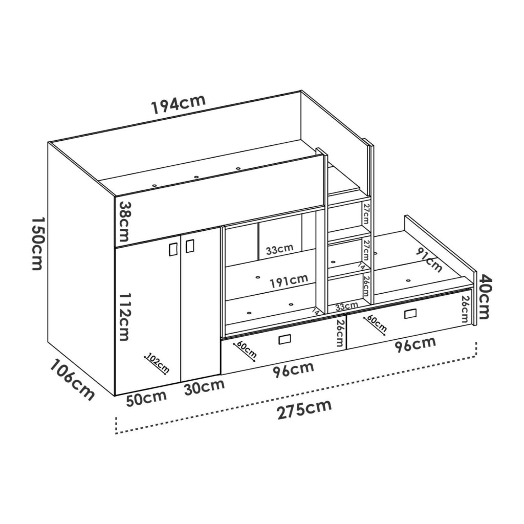 Letto per bambini Acerola, Cameretta completa con armadio e cassetti, Composizione letto a castello con due lettini singoli, 275x108h150 cm, Bianco e Rovere