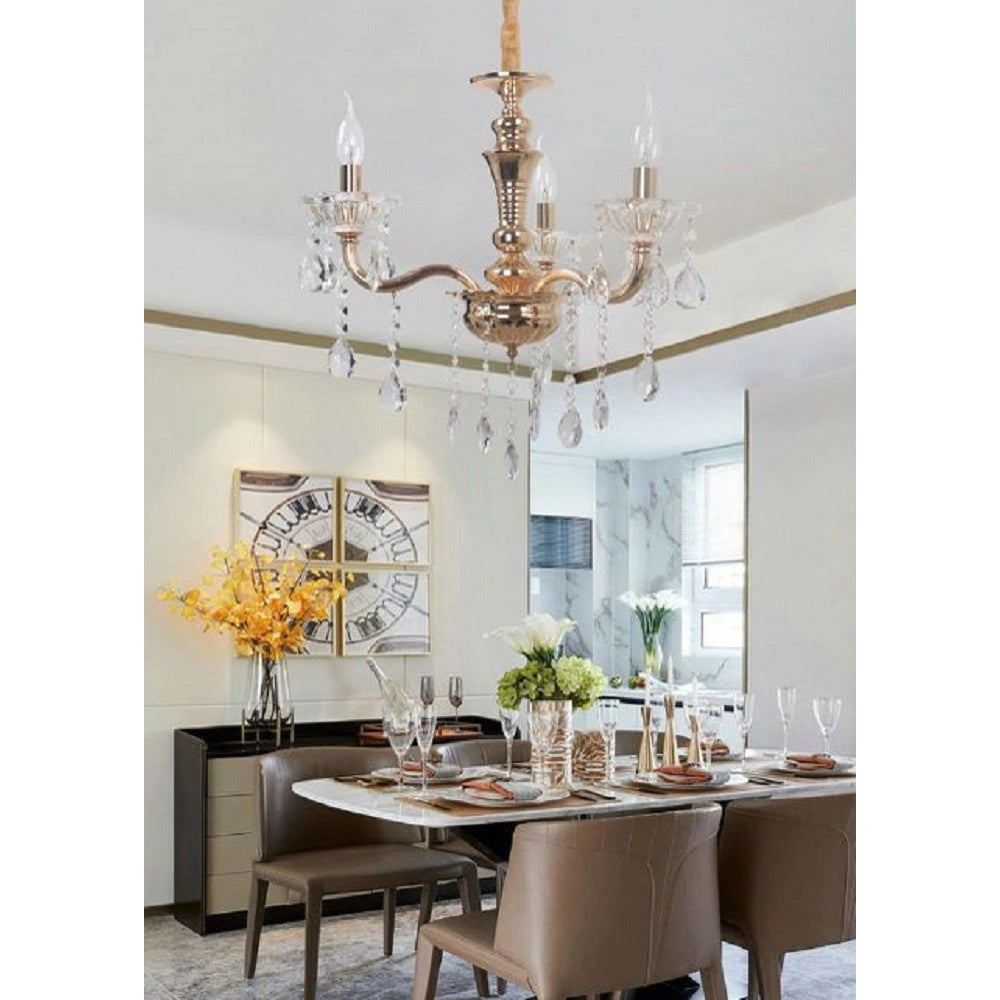 Trade Shop - Lampadario Soffitto 3 Bracci A Sospensione Con Catena Gocce Pendenti Lampada A26 - Oro