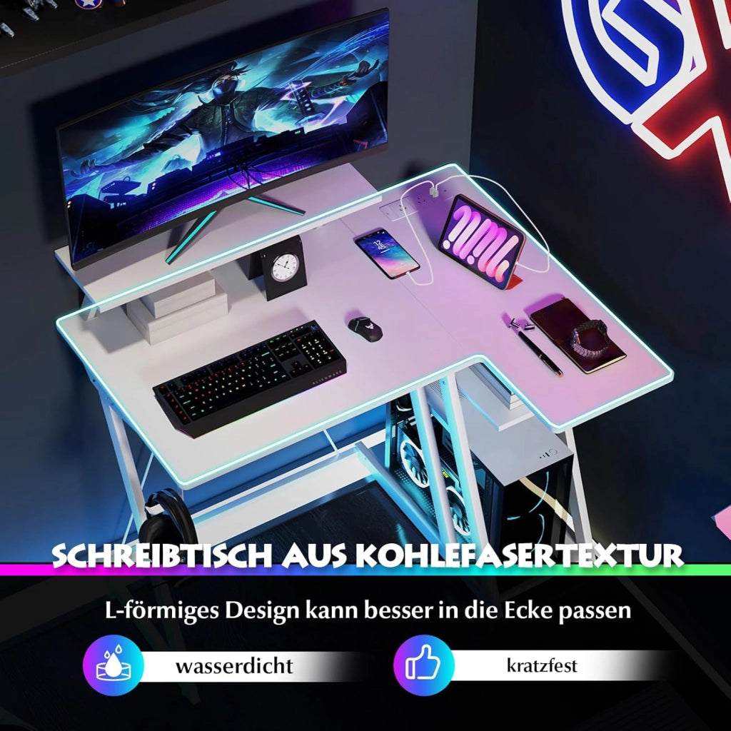 Scrivania per computer con base di ricarica integrata, scrivania per gaming con telaio in metallo e ripiano per monitor, scrivania per PC con supporto per CPU e gancio per cuffie dal look