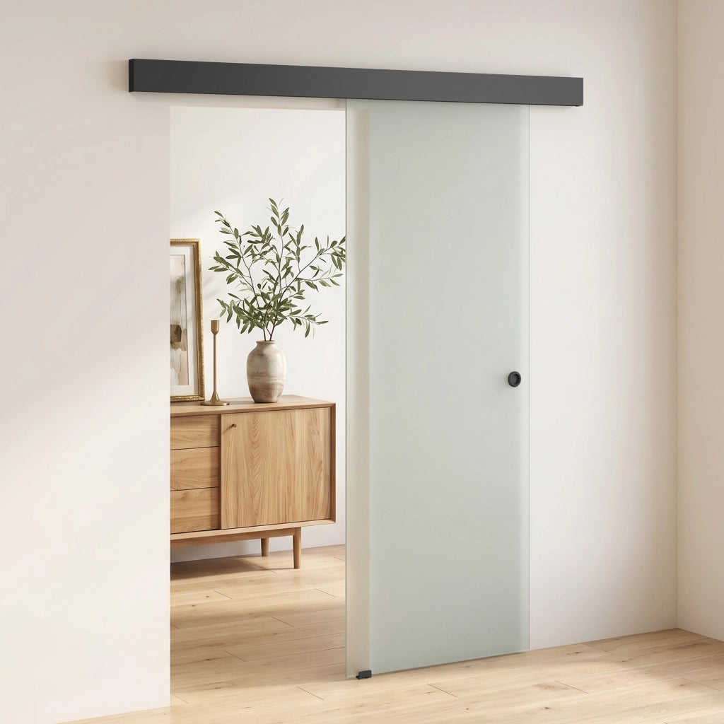 Porta Scorrevole 77,5x205 cm con Binario Silenzioso e Guida in Vetro Temperato Sabbiato Trasparente