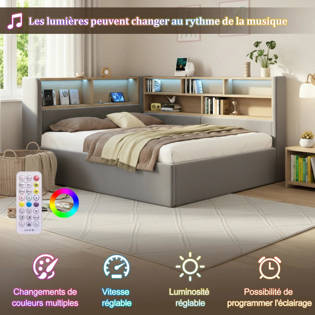 Letto contenitore 140x190 cm con sollevamento idraulico; LED; prese USB e rivestimento in velluto grigio