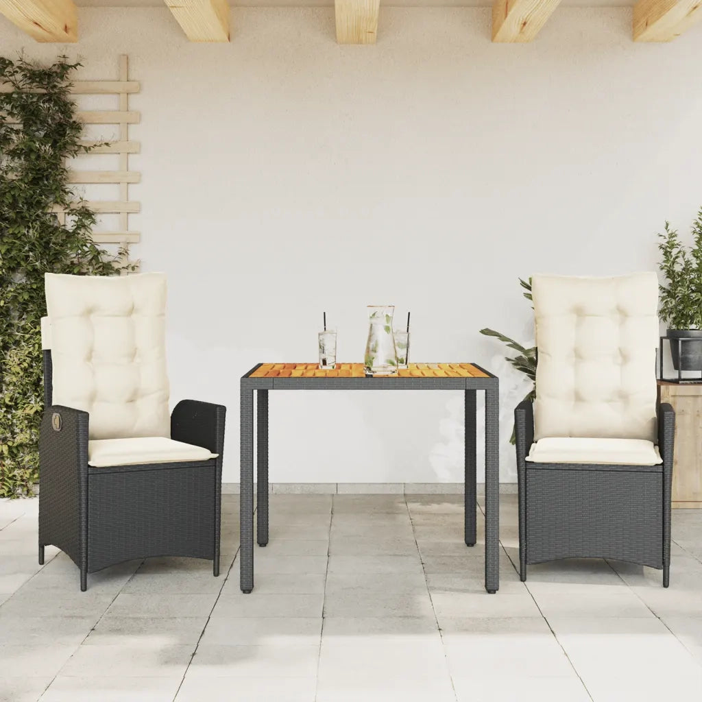 Set da Pranzo da Giardino 3 pz | Set Salotto da Giardino con Cuscini Nero in Polyrattan