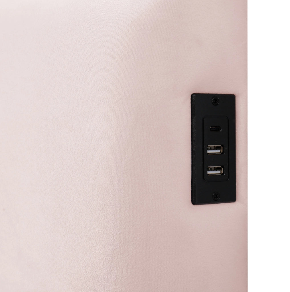 Letto imbottito singolo 90x200 cm con contenitore idraulico; USB Type-C; velluto rosa