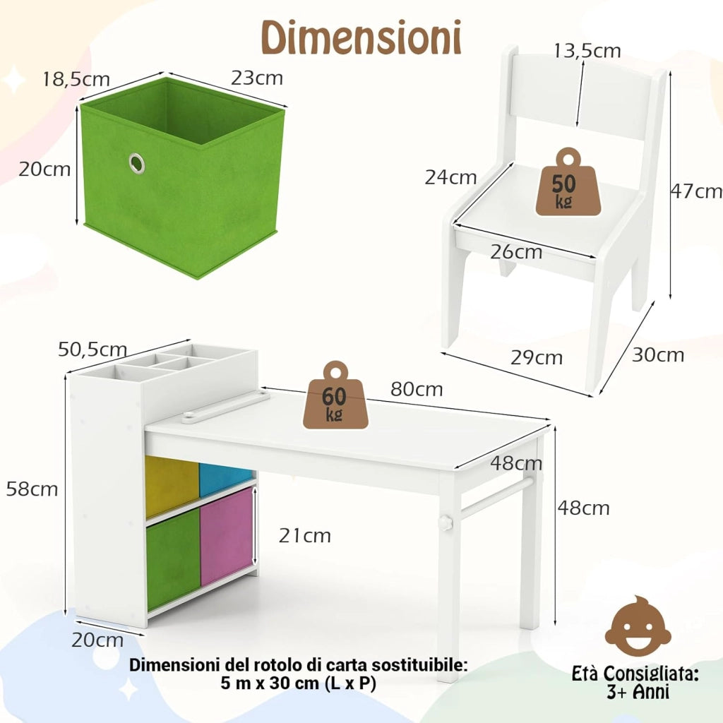 3 in 1 Set Tavola d’Arte e 2 Sedie per Bambini, Tavolo in Legno con Rotolo di Carta per Disegnare, Mobile Montessori per Cameretta con Ripiani e 4 Cassetti in Tessuto Salvaspazio (Bianco)