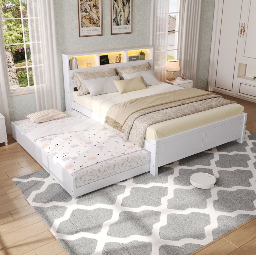 Letto matrimoniale 120x200 cm con letto estraibile e presa di ricarica in pino e MDF bianco