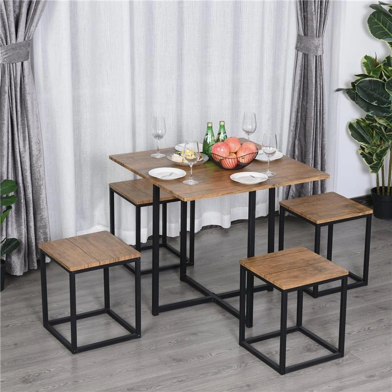 SET 5 PEZZI TAVOLO BAR CON SGABELLI IN STILE INDUSTRIALE PER CUCINA, CASA O RISTORANTE, NERO E COLOR LEGNO