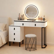 Toeletta con specchio LED dimmerabile e sgabello, 5 cassetti e mobile laterale in legno bianco e nero 125 × 40 × 100 cm