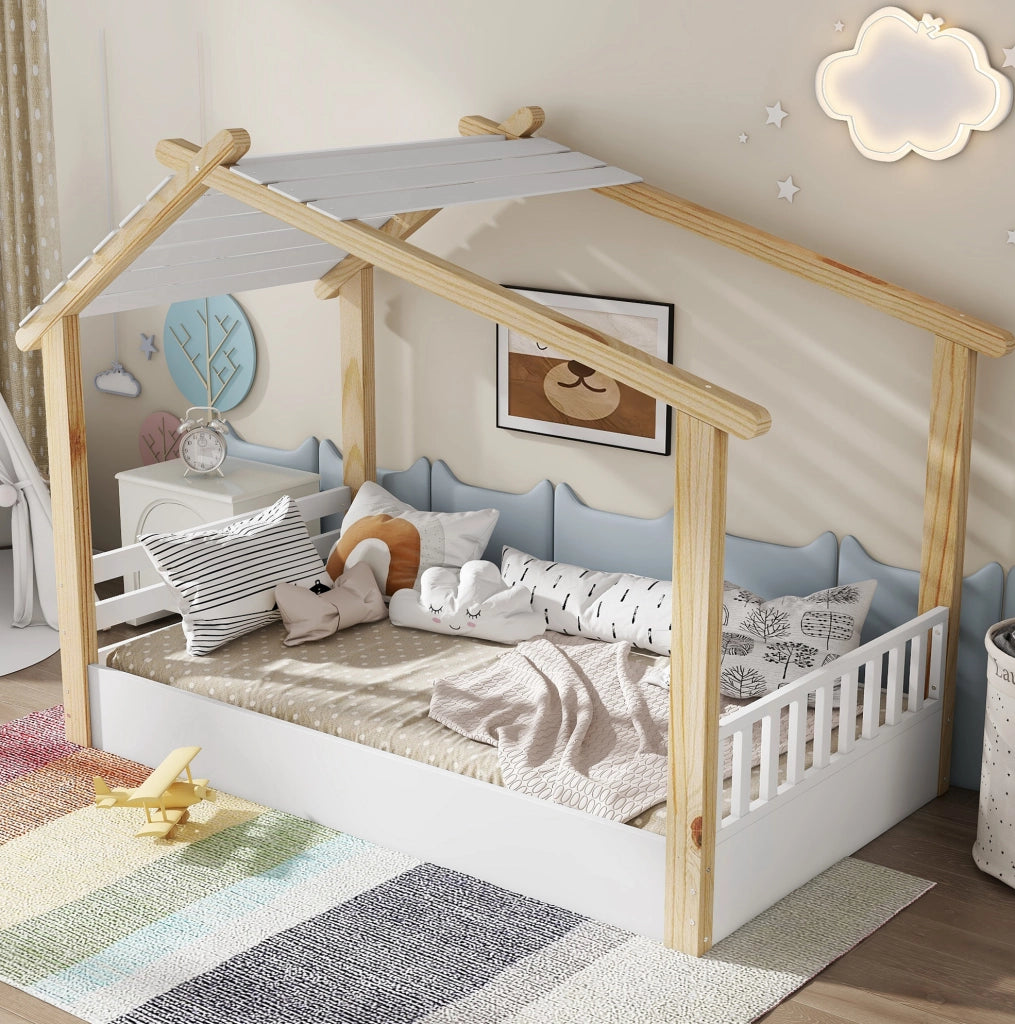 Letto per bambini a casetta 90x200 cm in legno bianco e naturale