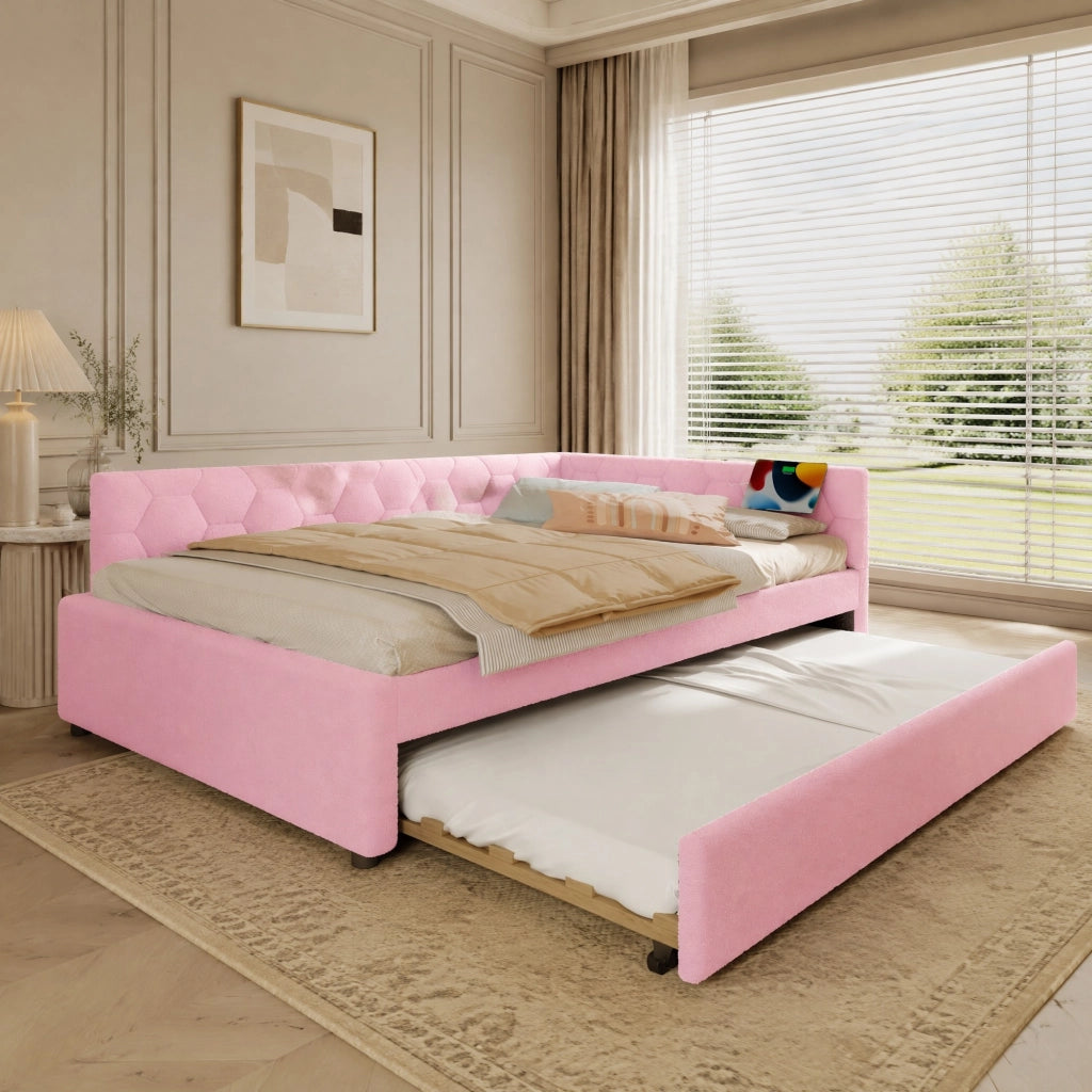 Daybed rosa 140x200 cm con letto estraibile, USB e luce