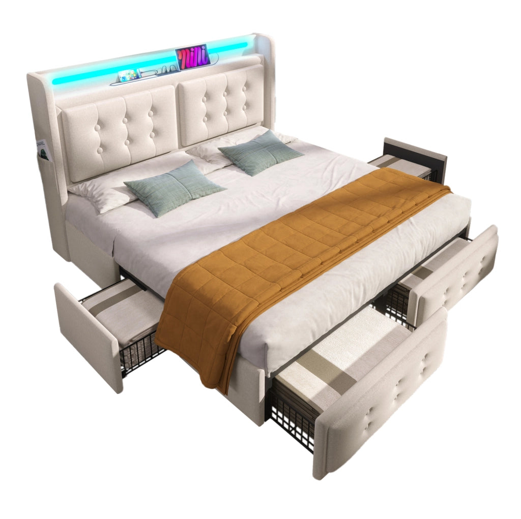 Letto matrimoniale 180x200 cm con LED; USB C e 4 cassetti; tessuto beige