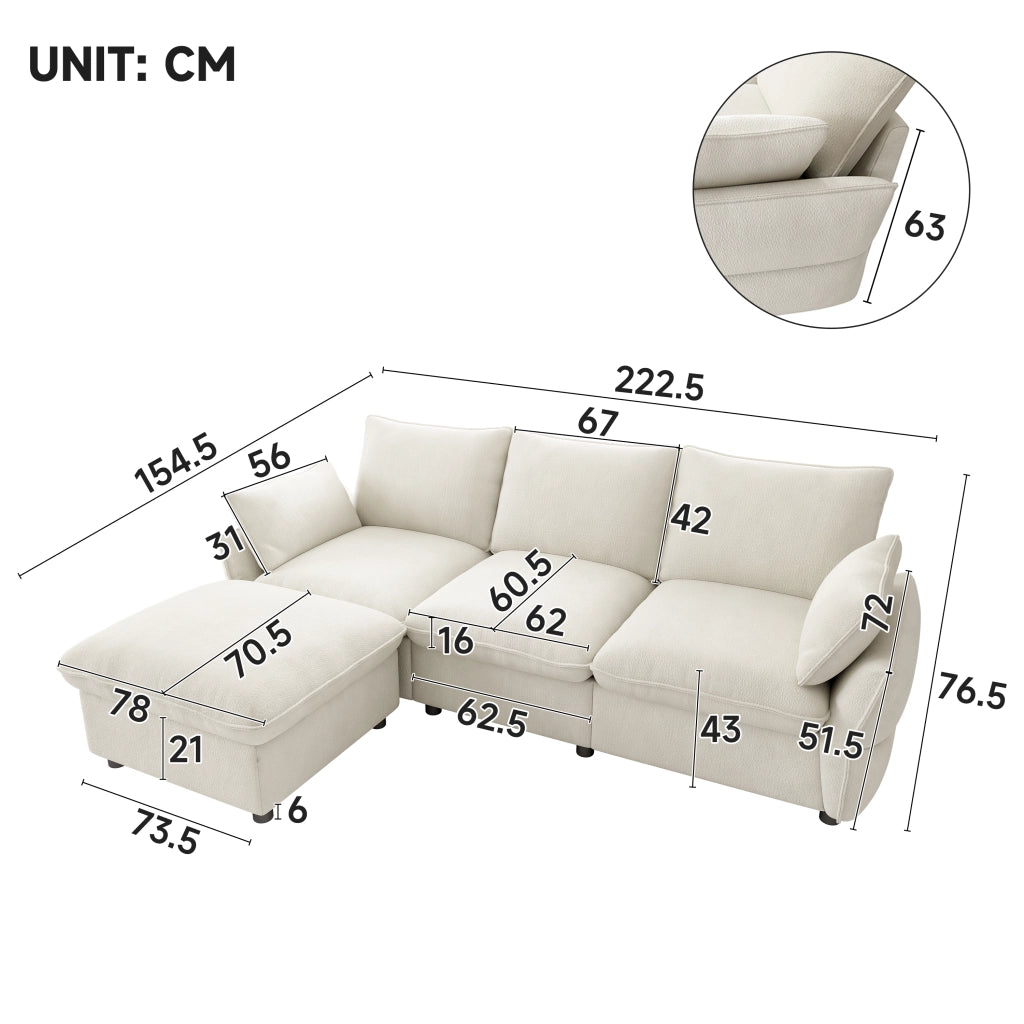 Divano angolare L in chenille beige con pouf, 3 posti, design moderno per soggiorno