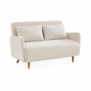 Divano letto in bouclé con gambe in legno, 2 posti, crema