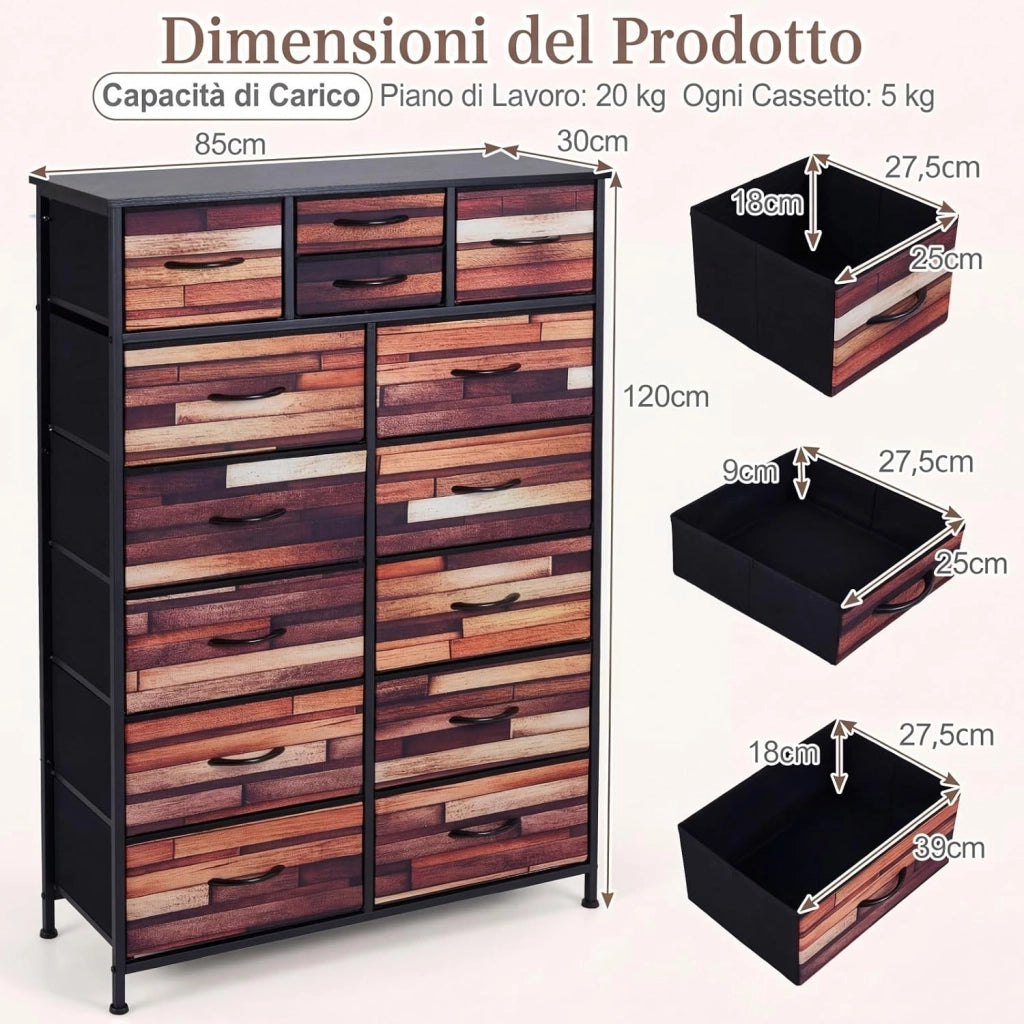 Cassettiera in Tessuto, Comò Salvaspazio a 14 Cassetti di 3 Dimensioni, Struttura in Metallo, Marrone Vintage e Nero, per Camera da Letto, Ingresso e Soggiorno (85 x 30 x 120 cm)