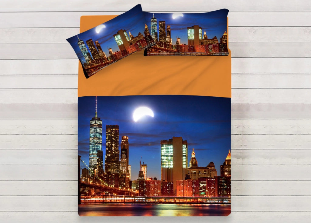 Lenzuola Copriletto Letto Sogni D'oro 100% Cotone Disegno City Moon D69 - Singolo - City Moon D69