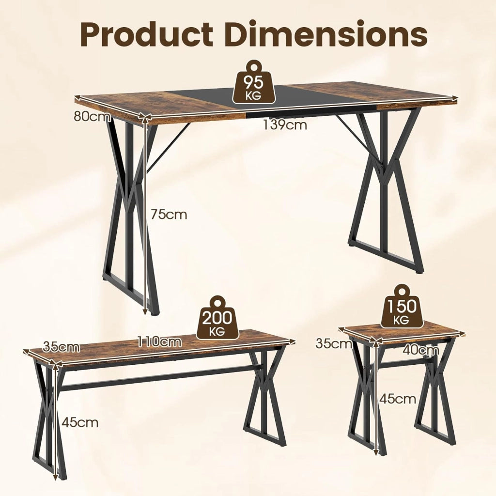 Set di tavolo da pranzo da 5 pezzi, tavolo da cucina 140 x 80 cm con 2 panche, 2 sgabelli, piano multicolore, telaio metallico, set di mobili industriali per la casa, bar, ristorante