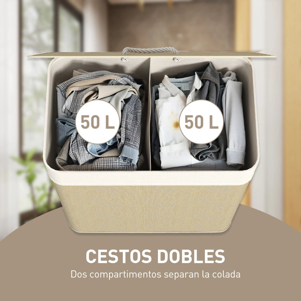 Cestino per Biancheria in Bamb¨´ con 2 Scomparti e Maniglie ¨C Zephmum ¨C 52x32x63 cm