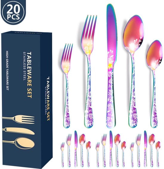 Set da tavola da 20 pezzi per 4 persone in acciaio inossidabile con decorazione a motivi lucidi