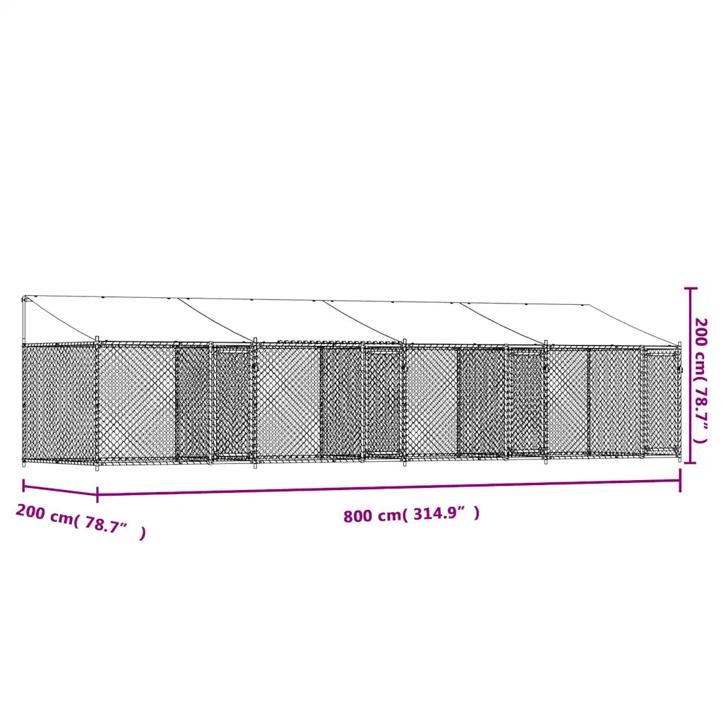 Gabbia Cani con Tetto e Porte Grigia 8x2x2 m in Acciaio Zincato 3209565