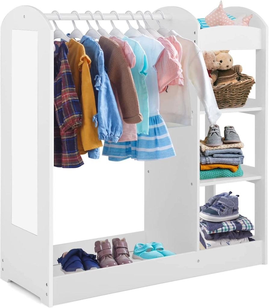 Guardaroba per Bambini in Legno, Mobile per Bambini con Specchio, Appendiabiti e Mensole, Armadio di Stoccaggio per Cameratta dei Bambini, 93,5 x 38 x 100 cm (Bianco)