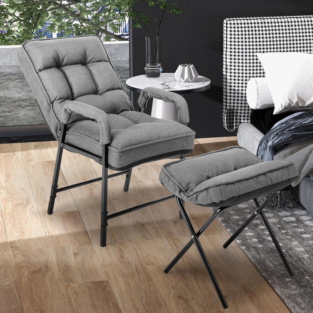Poltrona Imbottita con Pouf Poggiapiedi Pieghevole, Schienale Alto Reclinabile a 5 Posizioni, Poltroncina Sedia Sdraio in Lino, Poltrona Moderna con Braccioli da Soggiorno Ufficio (grigio)