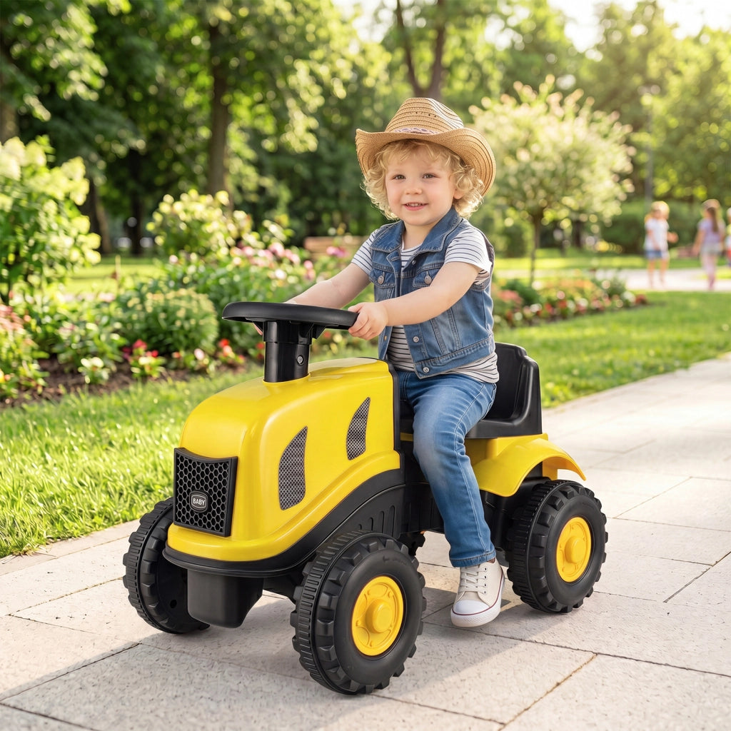 Trattore cavalcabile per bambini con rimorchio rimovibile clacson cruscotto pala e rastrello, Auto cavalcabile per bambini 18-36 mesi Giallo