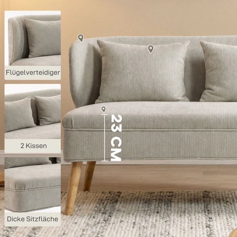 Divano 2 posti compatto con schienale avvolgente seduta spessa e cuscini per spazi piccoli in legno di caucciù beige